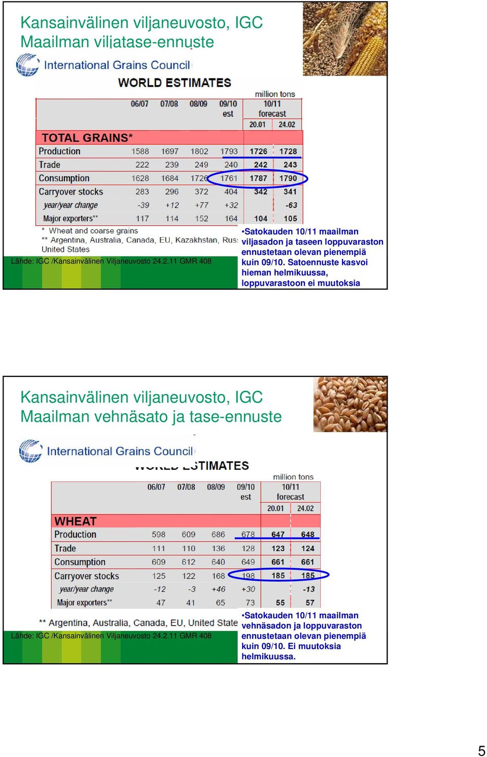 Satoennuste kasvoi hieman helmikuussa, loppuvarastoon ei muutoksia Kansainvälinen viljaneuvosto, IGC Maailman vehnäsato ja