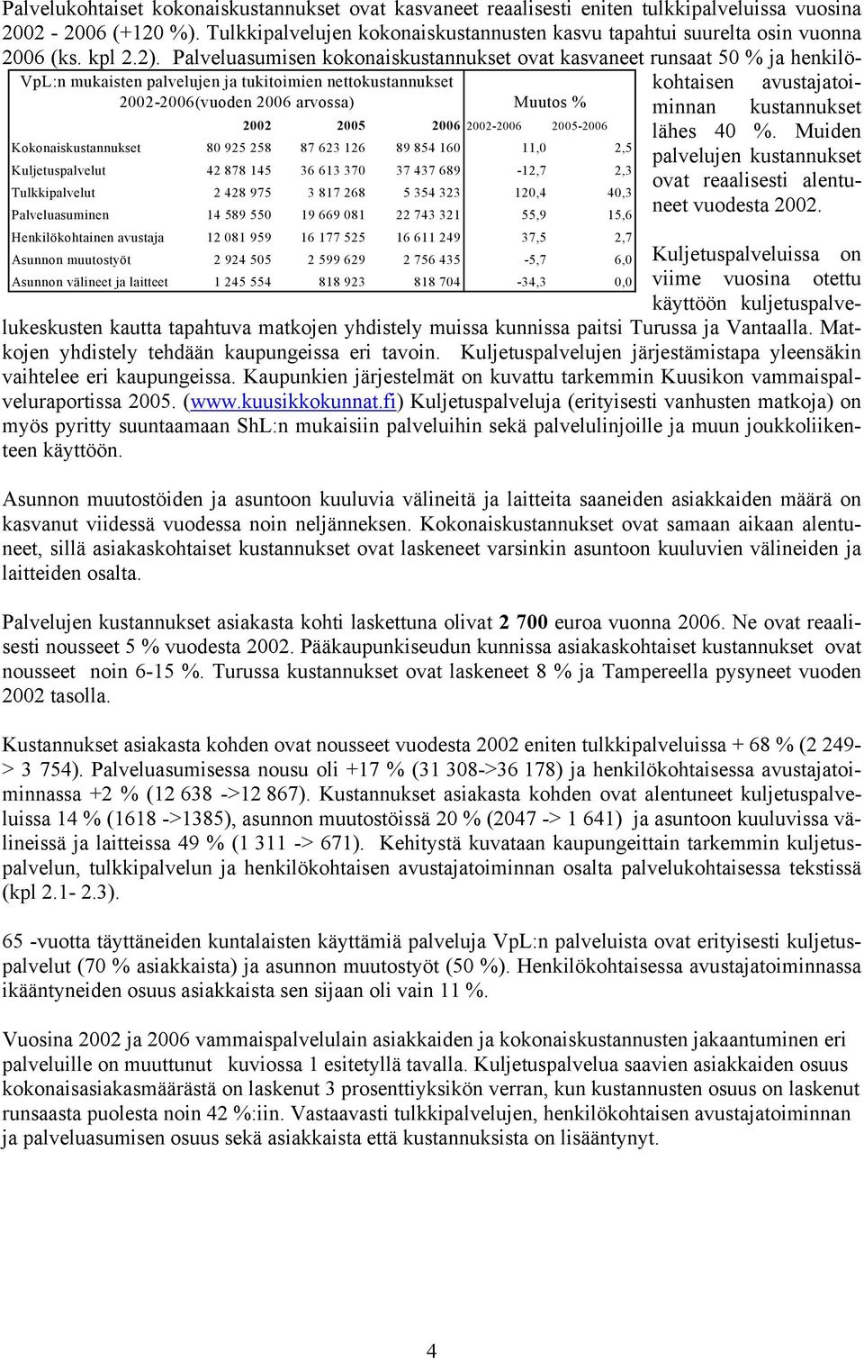 12 081 959 16 177 525 16 611 249 37,5 2,7 Palvelukohtaiset kokonaiskustannukset ovat kasvaneet reaalisesti eniten tulkkipalveluissa vuosina 2002-2006 (+120 %).