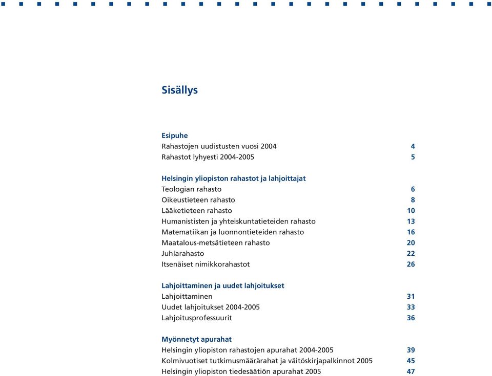 Juhlarahasto 22 Itsenäiset nimikkorahastot 26 Lahjoittaminen ja uudet lahjoitukset Lahjoittaminen 31 Uudet lahjoitukset 2004-2005 33 Lahjoitusprofessuurit 36 Myönnetyt