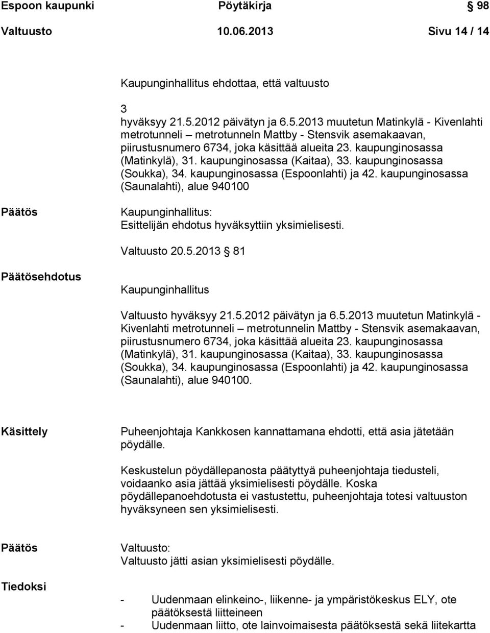 kaupunginosassa (Kaitaa), 33. kaupunginosassa (Soukka), 34. kaupunginosassa (Espoonlahti) ja 42.