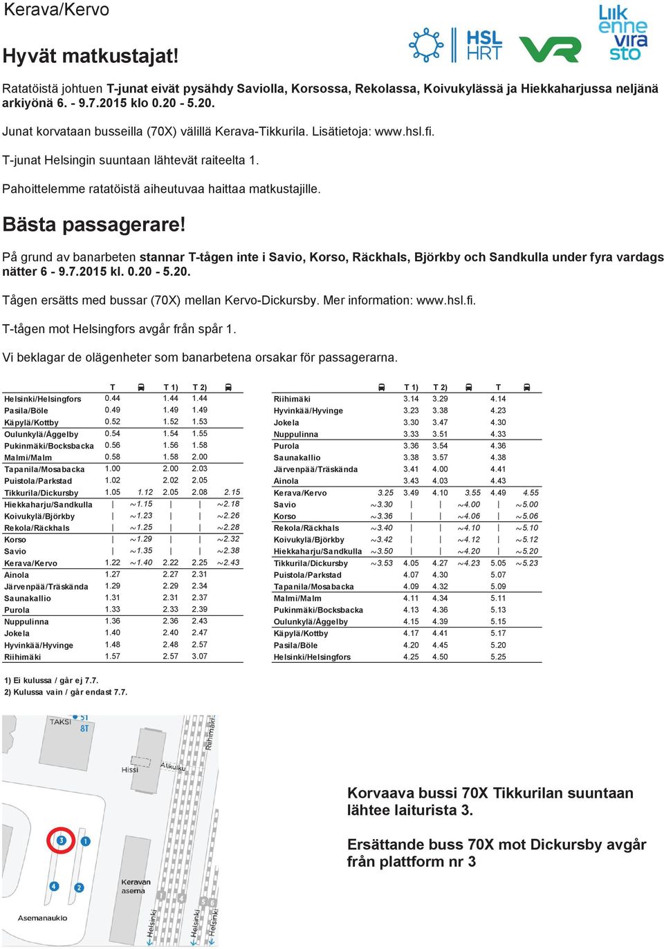 På grund av banarbeten stannar T-tågen inte i Savio, Korso, Räckhals, Björkby och Sandkulla under fyra vardags Tågen ersätts med