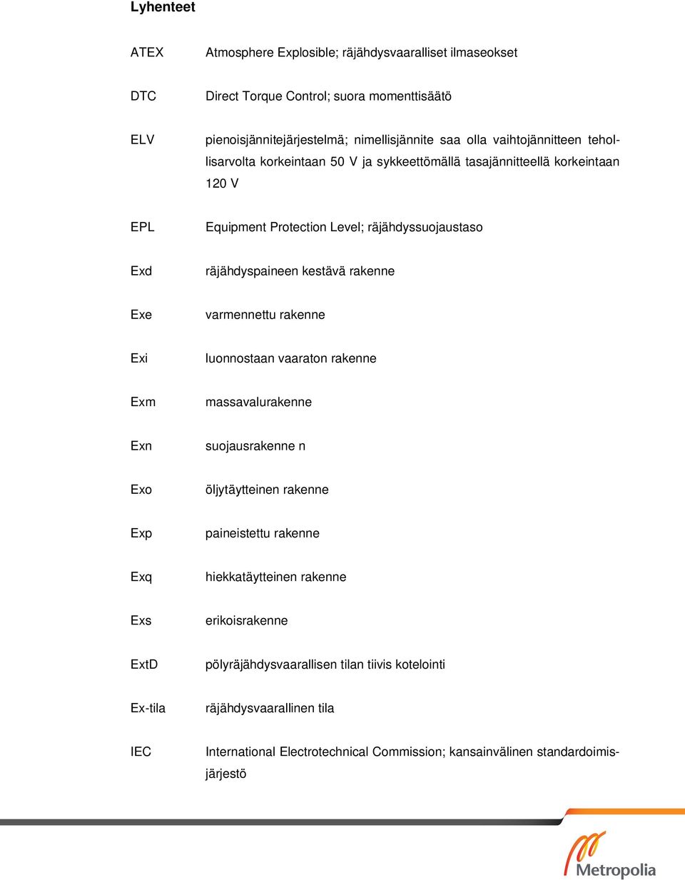 rakenne Exe varmennettu rakenne Exi luonnostaan vaaraton rakenne Exm massavalurakenne Exn suojausrakenne n Exo öljytäytteinen rakenne Exp paineistettu rakenne Exq hiekkatäytteinen