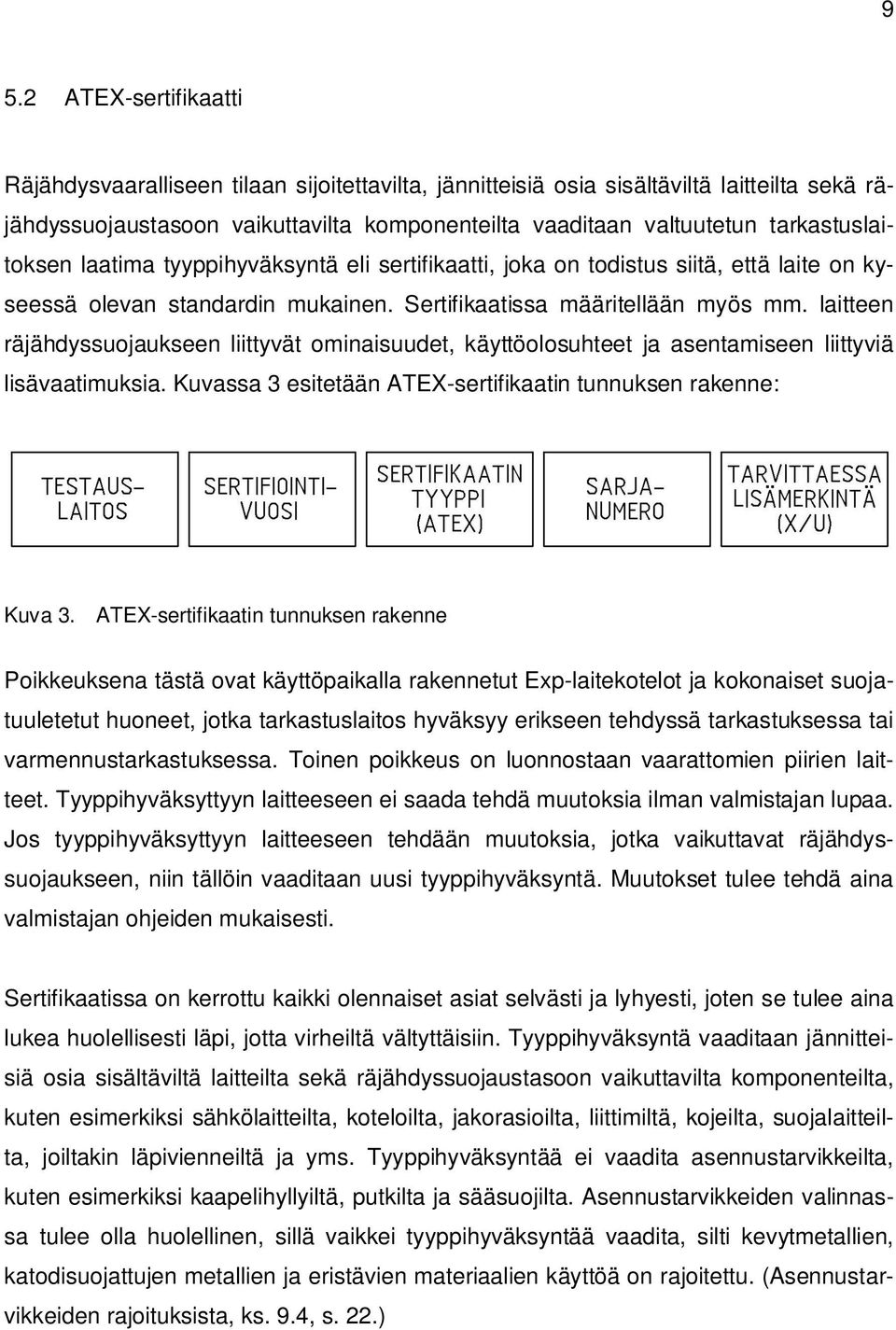 laitteen räjähdyssuojaukseen liittyvät ominaisuudet, käyttöolosuhteet ja asentamiseen liittyviä lisävaatimuksia. Kuvassa 3 esitetään ATEX-sertifikaatin tunnuksen rakenne: Kuva 3.
