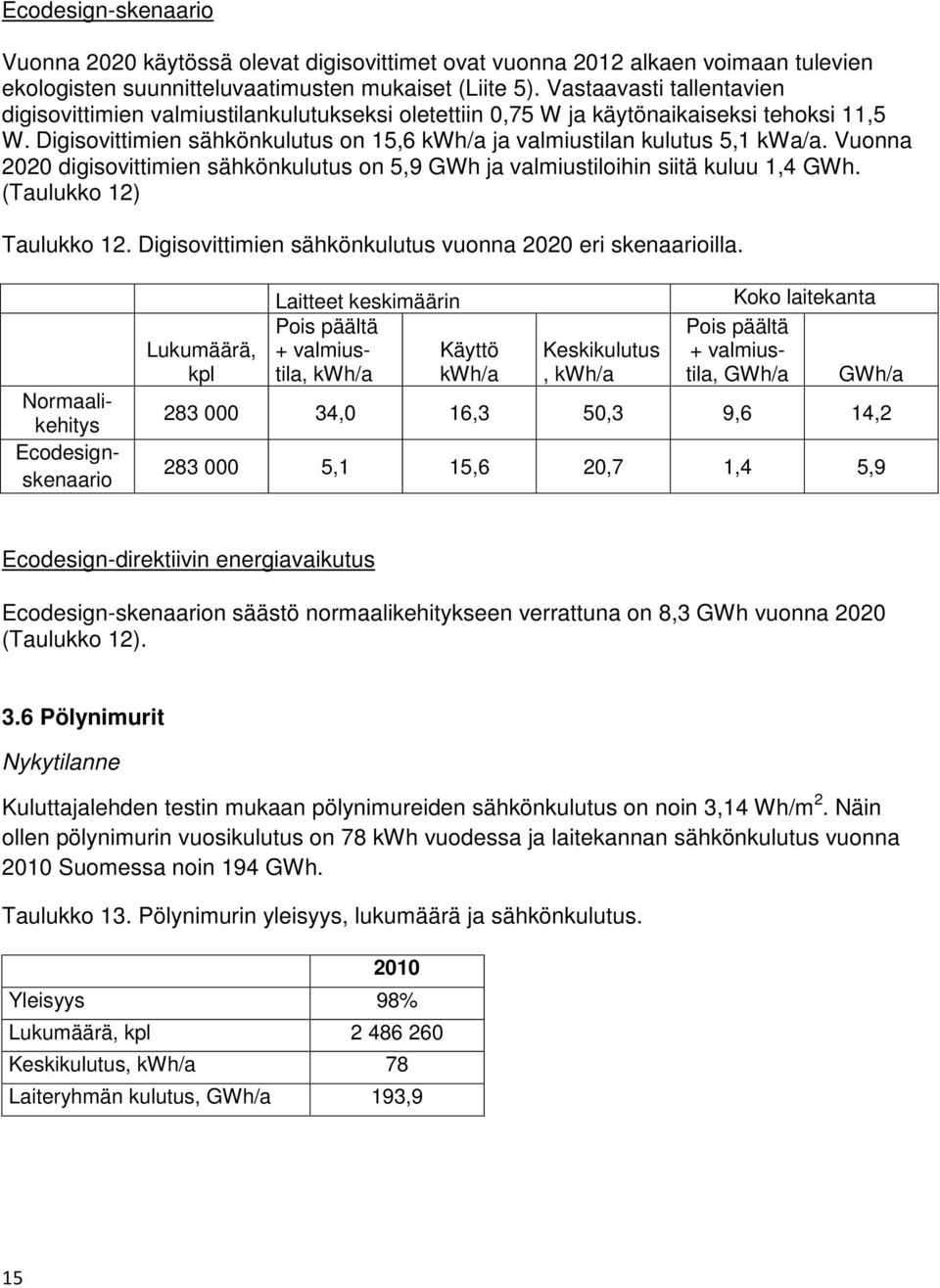 Vuonna 2020 digisovittimien sähkönkulutus on 5,9 GWh ja valmiustiloihin siitä kuluu 1,4 GWh. (Taulukko 12) Taulukko 12. Digisovittimien sähkönkulutus vuonna 2020 eri skenaarioilla.