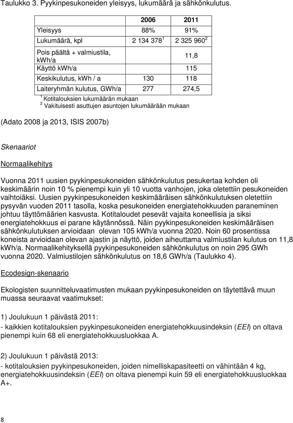 lukumäärän mukaan 2 Vakituisesti asuttujen asuntojen lukumäärään mukaan (Adato 2008 ja 2013, ISIS 2007b) Skenaariot Normaalikehitys Vuonna 2011 uusien pyykinpesukoneiden sähkönkulutus pesukertaa