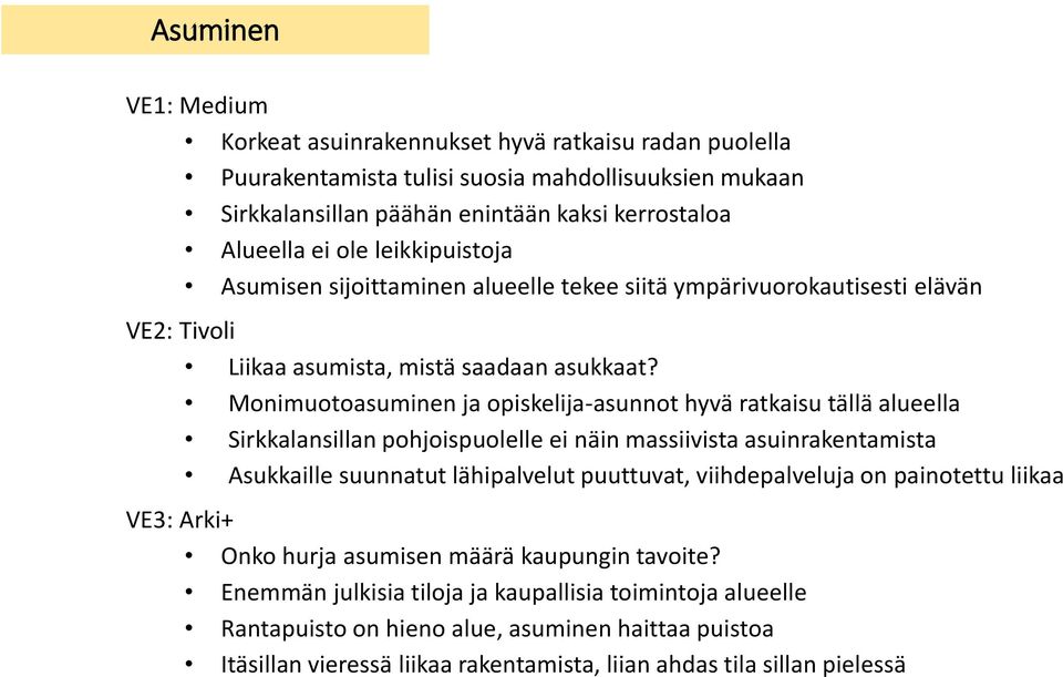 Monimuotoasuminen ja opiskelija-asunnot hyvä ratkaisu tällä alueella Sirkkalansillan pohjoispuolelle ei näin massiivista asuinrakentamista Asukkaille suunnatut lähipalvelut puuttuvat,