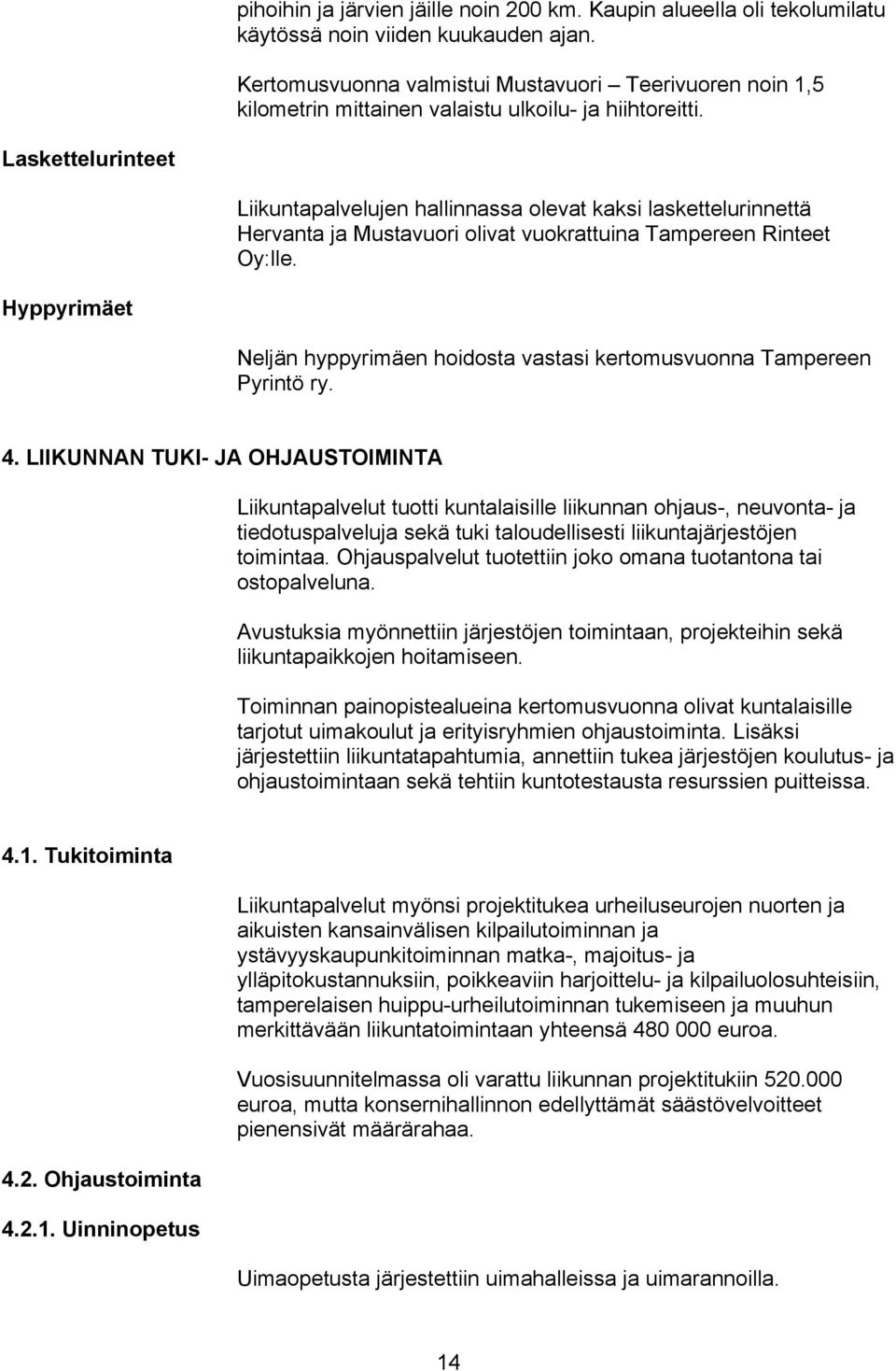 Laskettelurinteet Liikuntapalvelujen hallinnassa olevat kaksi laskettelurinnettä Hervanta ja Mustavuori olivat vuokrattuina Tampereen Rinteet Oy:lle.