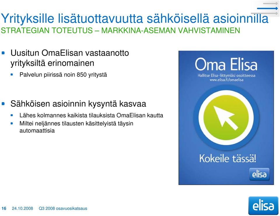 yritystä Sähköisen asioinnin kysyntä kasvaa Lähes kolmannes kaikista tilauksista OmaElisan