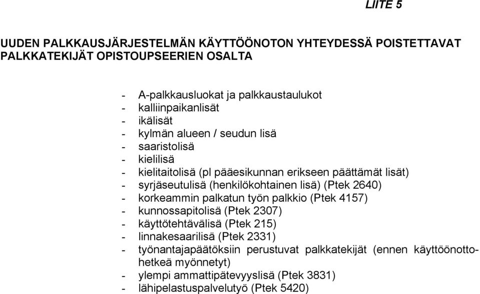 syrjäseutulisä (henkilökohtainen lisä) (Ptek 2640) - korkeammin palkatun työn palkkio (Ptek 4157) - kunnossapitolisä (Ptek 2307) - käyttötehtävälisä (Ptek 215) -