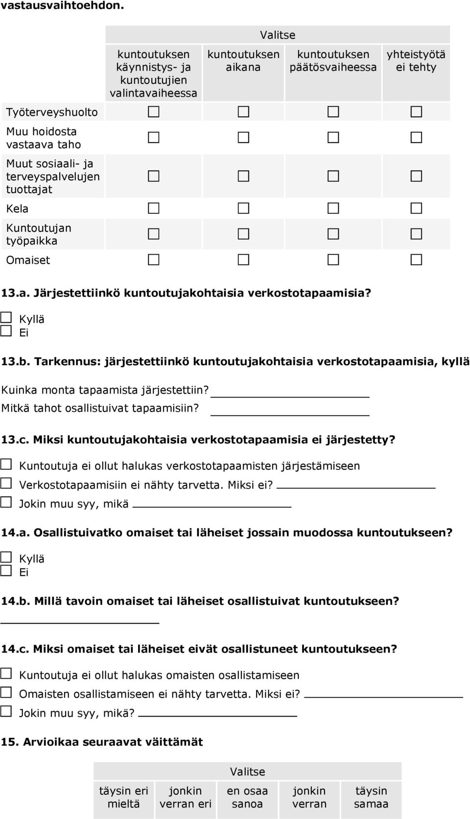 tuottajat Kela Kuntoutujan työpaikka Omaiset 13.a. Järjestettiinkö kuntoutujakohtaisia verkostotapaamisia? 13.b.