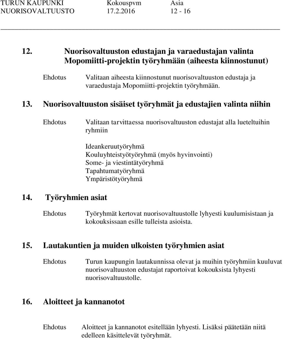 Mopomiitti-projektin työryhmään. 13. Nuorisovaltuuston sisäiset työryhmät ja edustajien valinta niihin Valitaan tarvittaessa nuorisovaltuuston edustajat alla lueteltuihin ryhmiin 14.