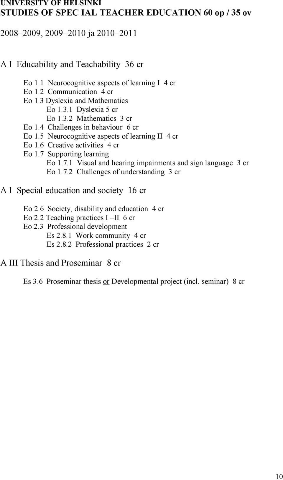 5 Neurocognitive aspects of learning II 4 cr Eo 1.6 Creative activities 4 cr Eo 1.7 Supporting learning Eo 1.7.1 Visual and hearing impairments and sign language 3 cr Eo 1.7.2 Challenges of understanding 3 cr A I Special education and society 16 cr Eo 2.