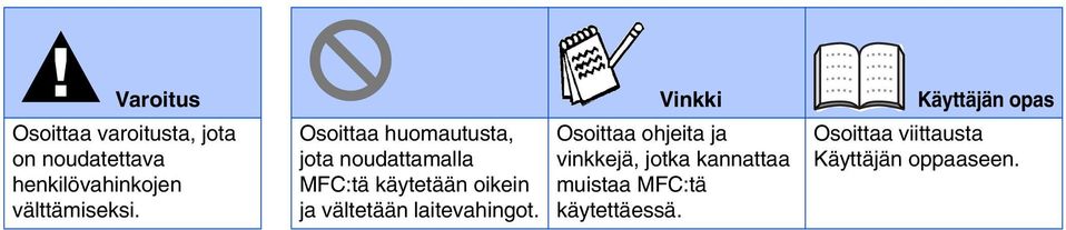 Osoittaa huomautusta, jota noudattamalla MFC:tä käytetään oikein ja vältetään