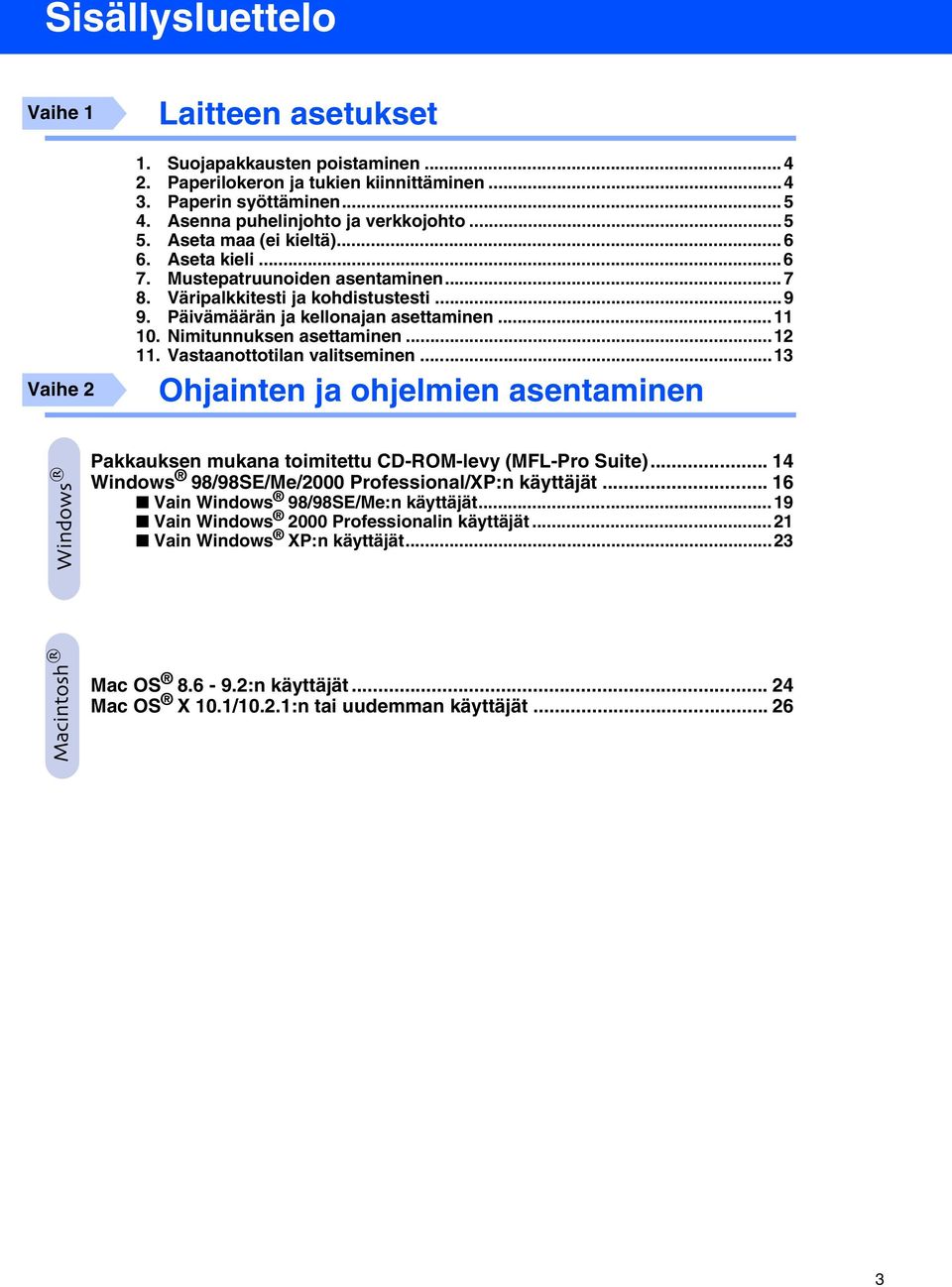 Päivämäärän ja kellonajan asettaminen...11 10. Nimitunnuksen asettaminen...12 11. Vastaanottotilan valitseminen...13 Pakkauksen mukana toimitettu CD-ROM-levy (MFL-Pro Suite).