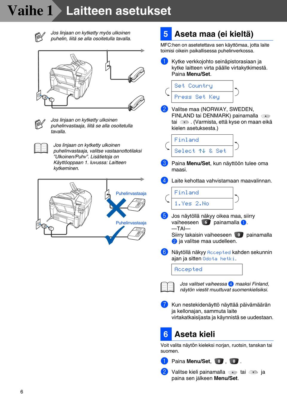 1 Kytke verkkojohto seinäpistorasiaan ja kytke laitteen virta päälle virtakytkimestä. Paina Menu/Set.