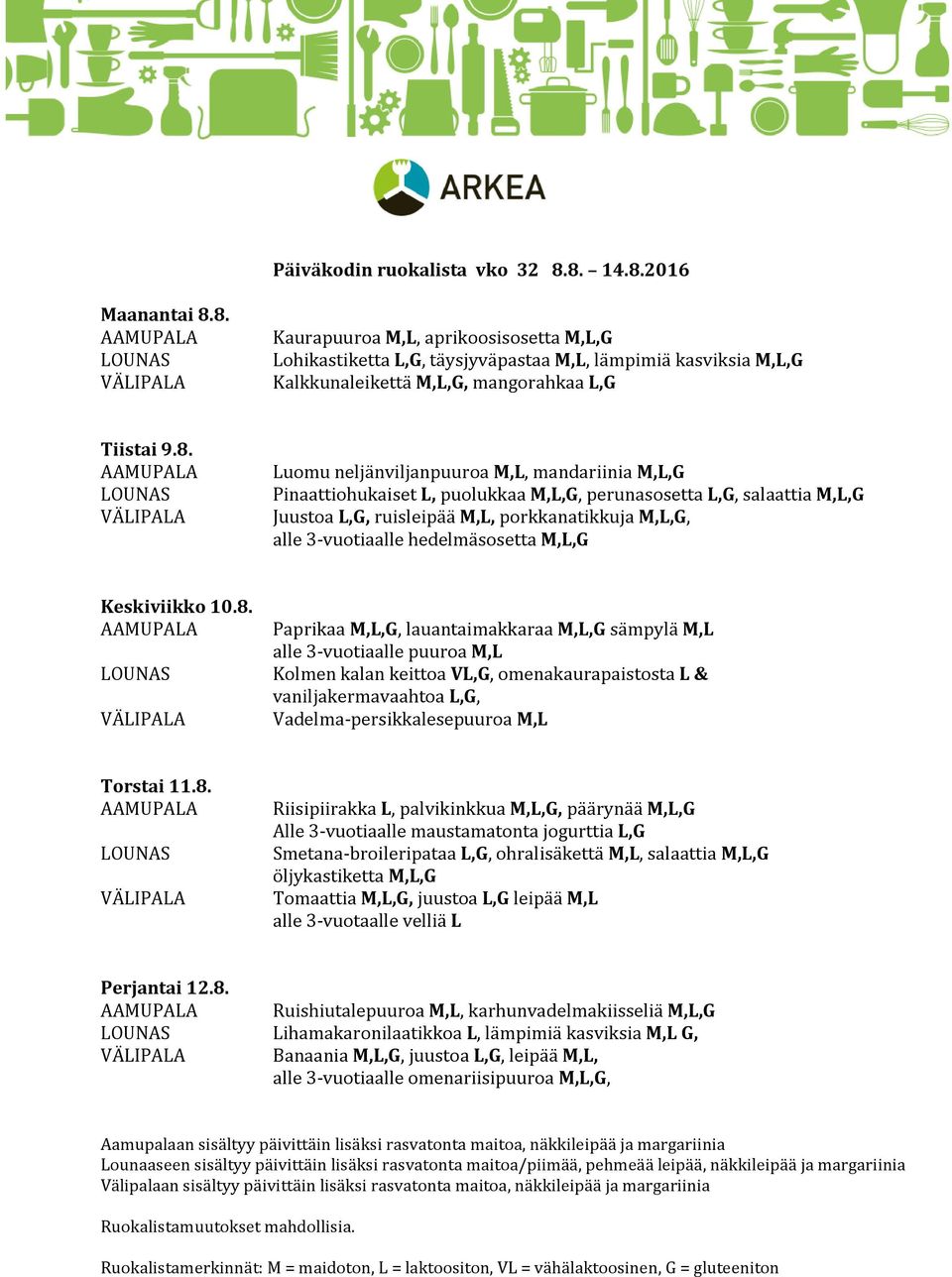 8. Riisipiirakka L, palvikinkkua M,L,G, päärynää M,L,G Alle 3-vuotiaalle maustamatonta jogurttia L,G Smetana-broileripataa L,G, ohralisäkettä M,L, salaattia M,L,G öljykastiketta M,L,G Tomaattia