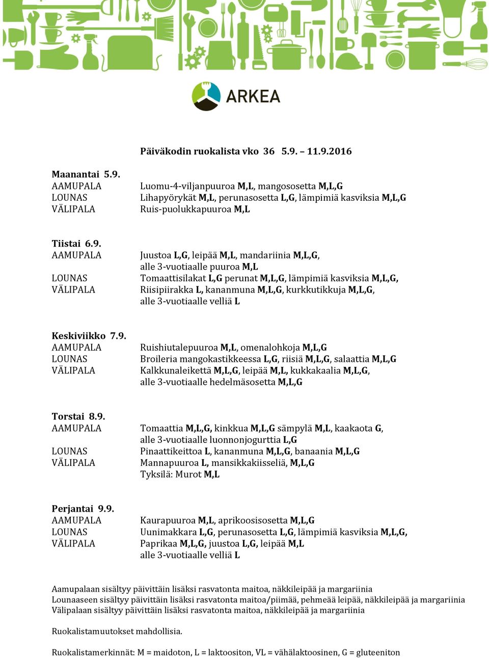 9. Tomaattia M,L,G, kinkkua M,L,G sämpylä M,L, kaakaota G, alle 3-vuotiaalle luonnonjogurttia L,G Pinaattikeittoa L, kananmuna M,L,G, banaania M,L,G Mannapuuroa L, mansikkakiisseliä, M,L,G Tyksilä: