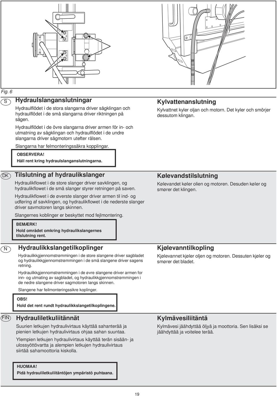 OBSERVERA! Håll rent kring hydraulslanganslutningarna. Kylvattenanslutning Kylvattnet kyler oljan och motorn. Det kyler och smörjer dessutom klingan.