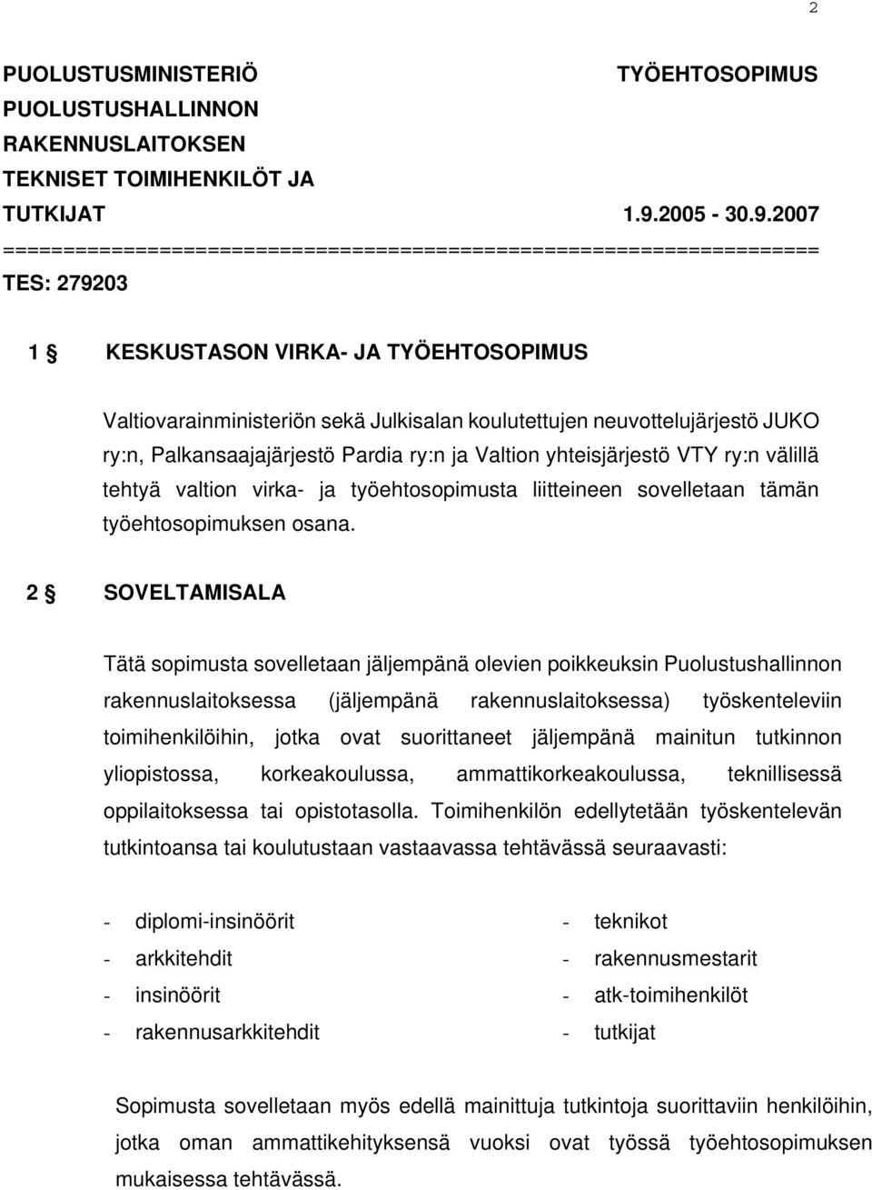 2007 ==================================================================== TES: 279203 1 KESKUSTASON VIRKA- JA TYÖEHTOSOPIMUS Valtiovarainministeriön sekä Julkisalan koulutettujen neuvottelujärjestö