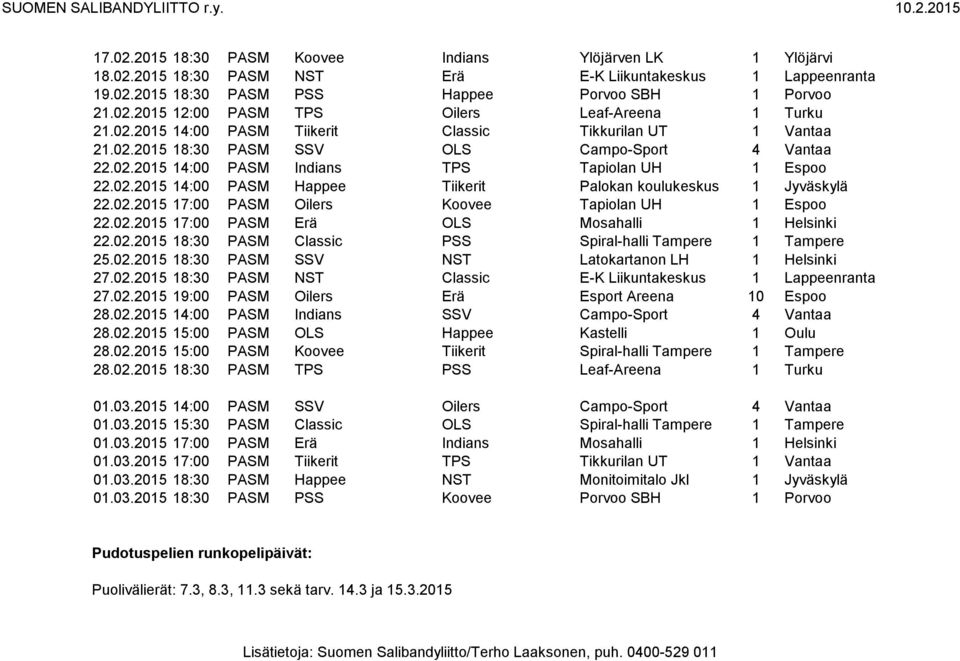 02.2015 17:00 PASM Oilers Koovee Tapiolan UH 1 Espoo 22.02.2015 17:00 PASM Erä OLS Mosahalli 1 Helsinki 22.02.2015 18:30 PASM Classic PSS Spiral-halli Tampere 1 Tampere 25.02.2015 18:30 PASM SSV NST Latokartanon LH 1 Helsinki 27.