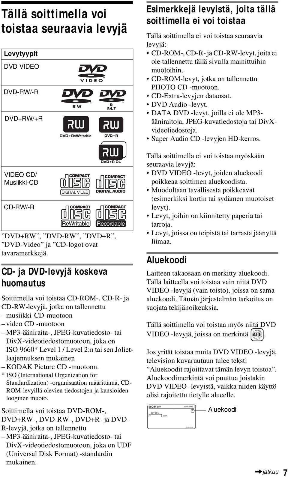 CD- ja DVD-levyjä koskeva huomautus Soittimella voi toistaa CD-ROM-, CD-R- ja CD-RW-levyjä, jotka on tallennettu musiikki-cd-muotoon video CD -muotoon MP3-ääniraita-, JPEG-kuvatiedosto- tai
