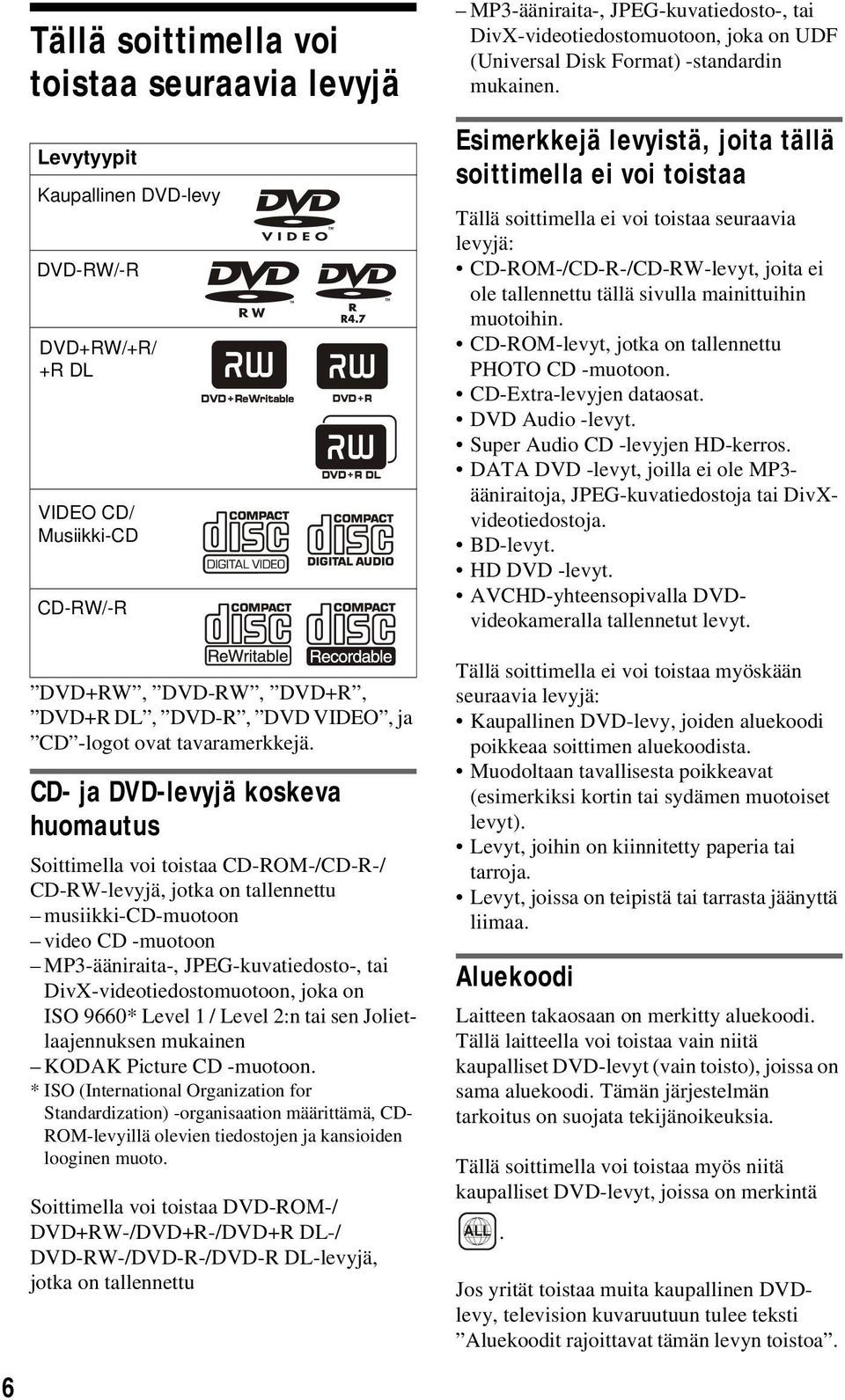 CD- ja DVD-levyjä koskeva huomautus Soittimella voi toistaa CD-ROM-/CD-R-/ CD-RW-levyjä, jotka on tallennettu musiikki-cd-muotoon video CD -muotoon MP3-ääniraita-, JPEG-kuvatiedosto-, tai