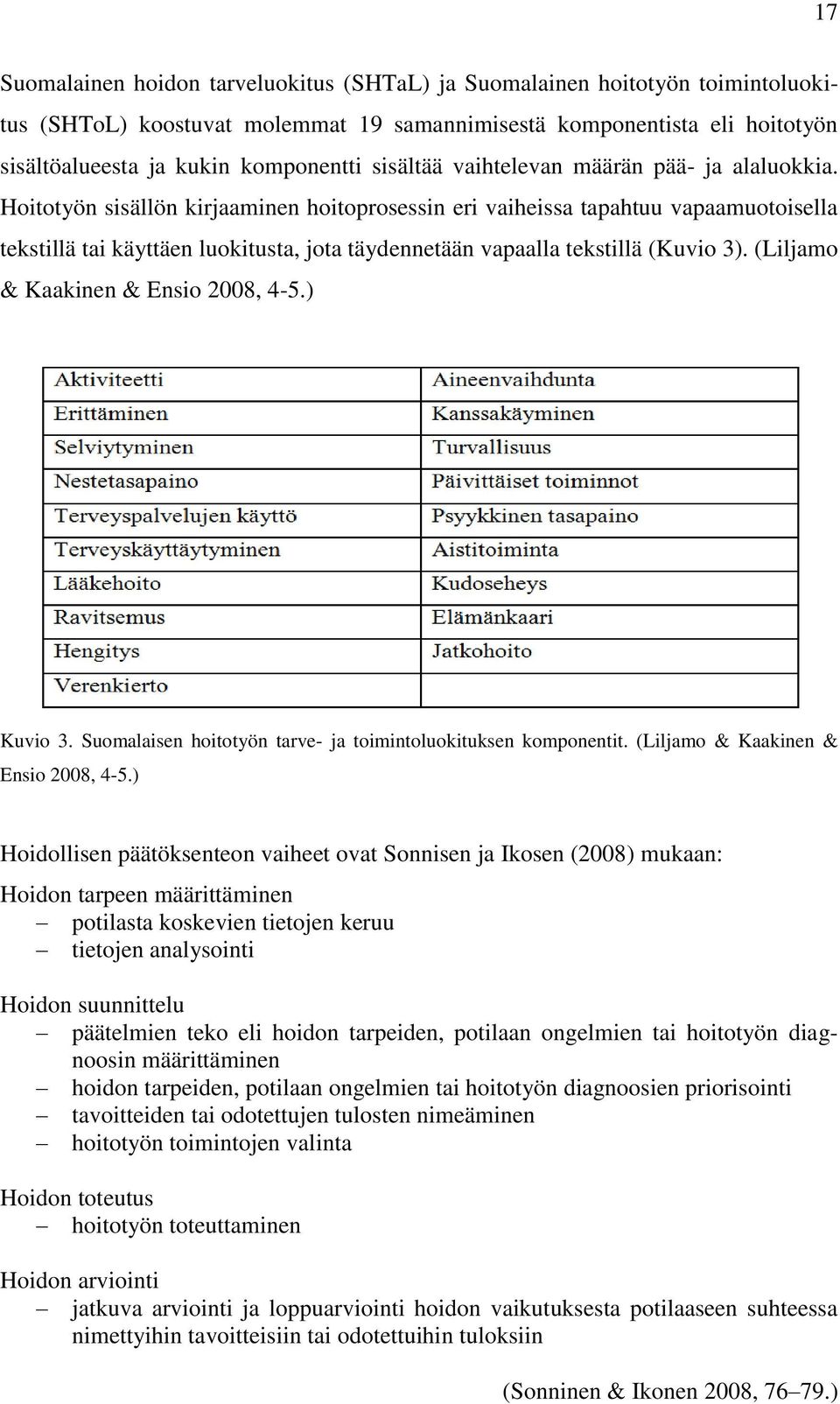 Hoitotyön sisällön kirjaaminen hoitoprosessin eri vaiheissa tapahtuu vapaamuotoisella tekstillä tai käyttäen luokitusta, jota täydennetään vapaalla tekstillä (Kuvio 3).