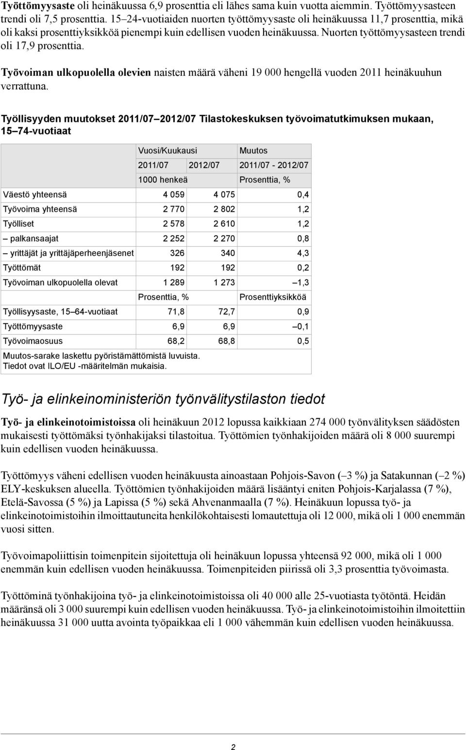 Nuorten työttömyysasteen trendi oli 17,9 prosenttia. Työvoiman ulkopuolella olevien naisten määrä väheni 19 000 hengellä vuoden 2011 heinäkuuhun verrattuna.