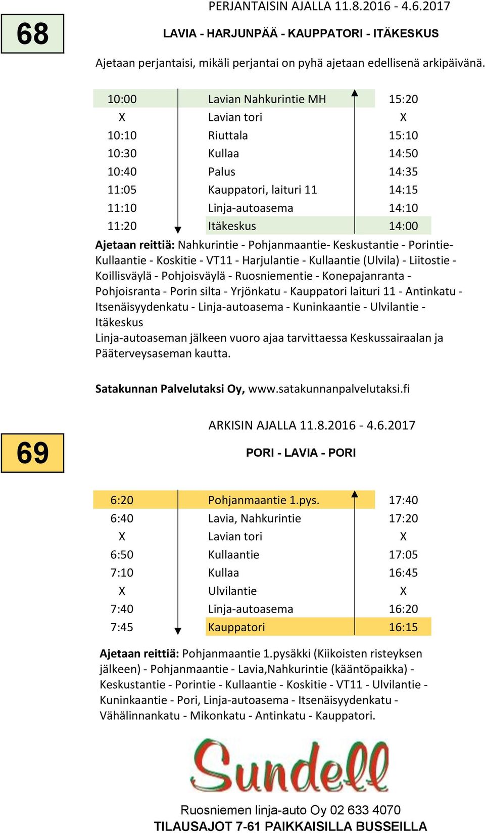 Ajetaan reittiä: Nahkurintie - Pohjanmaantie- Keskustantie - Porintie- Kullaantie - Koskitie - VT11 - Harjulantie - Kullaantie (Ulvila) - Liitostie - Koillisväylä - Pohjoisväylä - Ruosniementie -