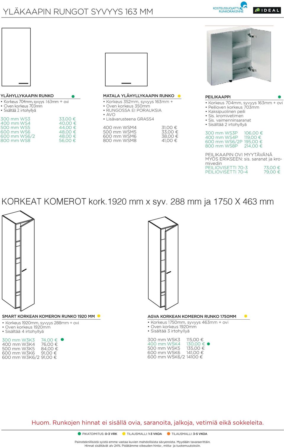 WSM8 41,00 PEILIKAAPPI Korkeus 704mm, syvyys 163mm + ovi Peilioven korkeus 703mm Kaksipuolinen peili Sis. kromivetimen Sis.