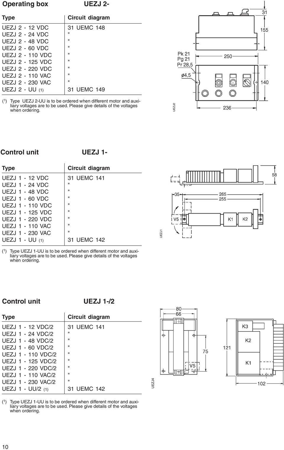 UEZJ2 Control unit UEZJ 1- Type Circuit diagram UEZJ 1-12 VDC 31 UEMC 141 UEZJ 1-24 VDC " UEZJ 1-48 VDC " UEZJ 1-60 VDC " UEZJ 1-110 VDC " UEZJ 1-125 VDC " UEZJ 1-220 VDC " UEZJ 1-110 VAC " UEZJ