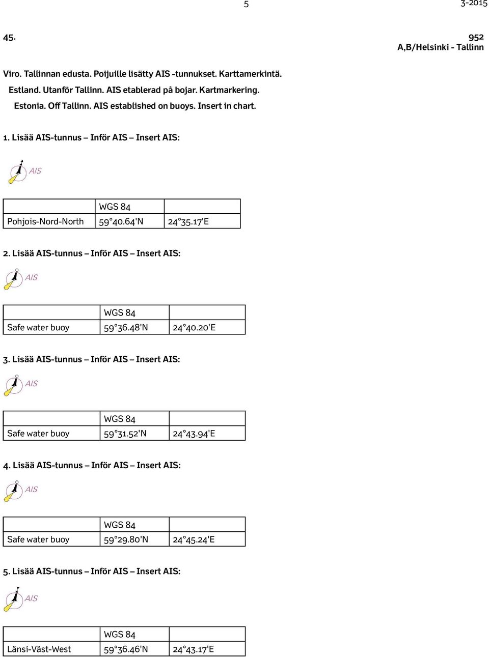 Lisää AIS-tunnus Inför AIS Insert AIS: Pohjois-Nord-North 59 40.64'N 24 35.17'E 2. Lisää AIS-tunnus Inför AIS Insert AIS: Safe water buoy 59 36.48'N 24 40.20'E 3.
