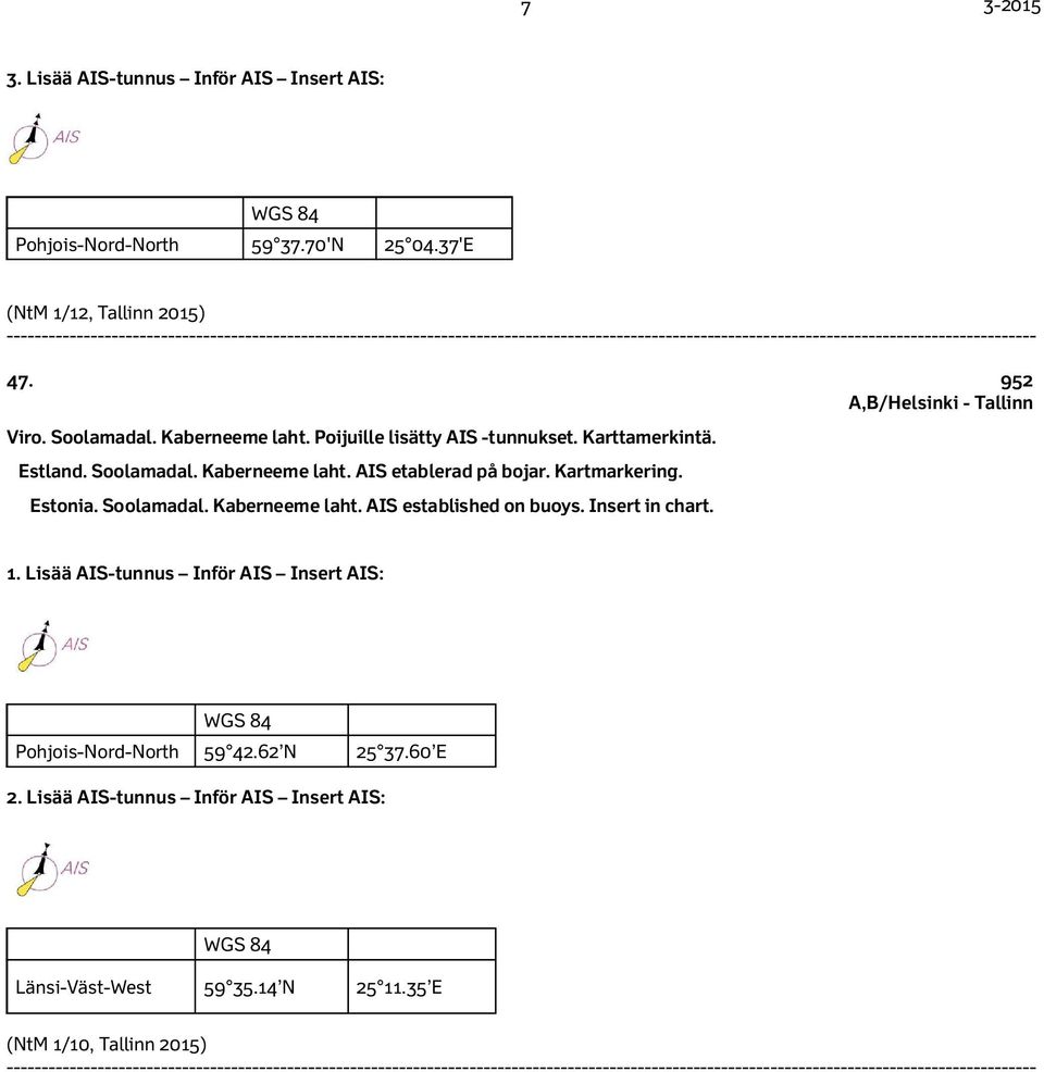 Kartmarkering. Estonia. Soolamadal. Kaberneeme laht. AIS established on buoys. Insert in chart. 1.
