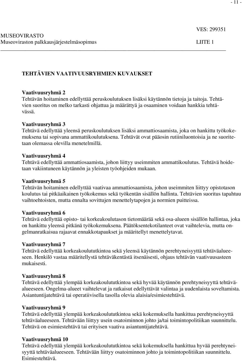 Vaativuusryhmä 3 Tehtävä edellyttää yleensä peruskoulutuksen lisäksi ammattiosaamista, joka on hankittu työkokemuksena tai sopivana ammattikoulutuksena.