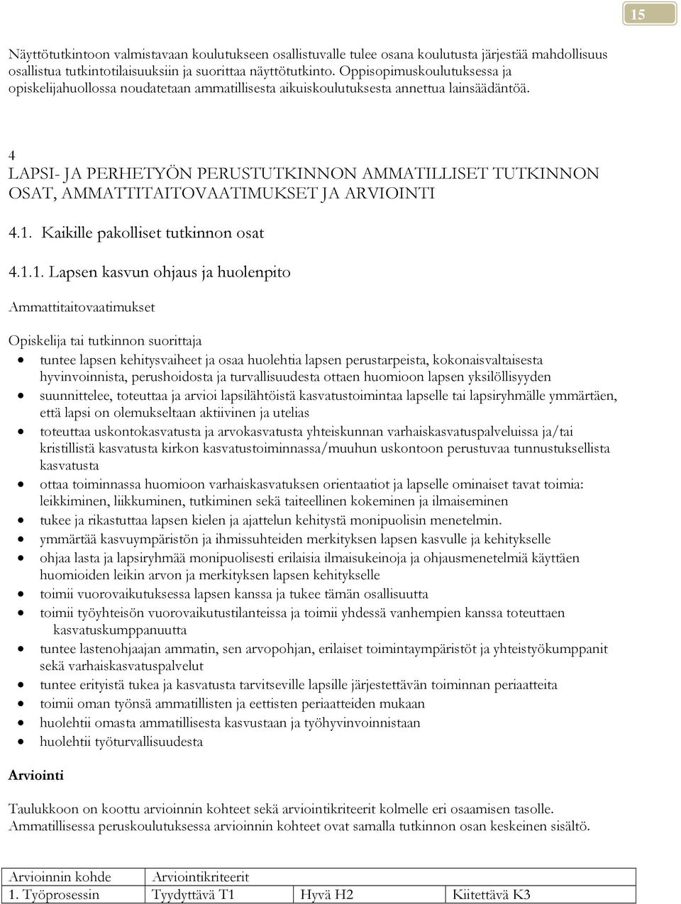 4 LAPSI- JA PERHETYÖN PERUSTUTKINNON AMMATILLISET TUTKINNON OSAT, AMMATTITAITOVAATIMUKSET JA ARVIOINTI 4.1.