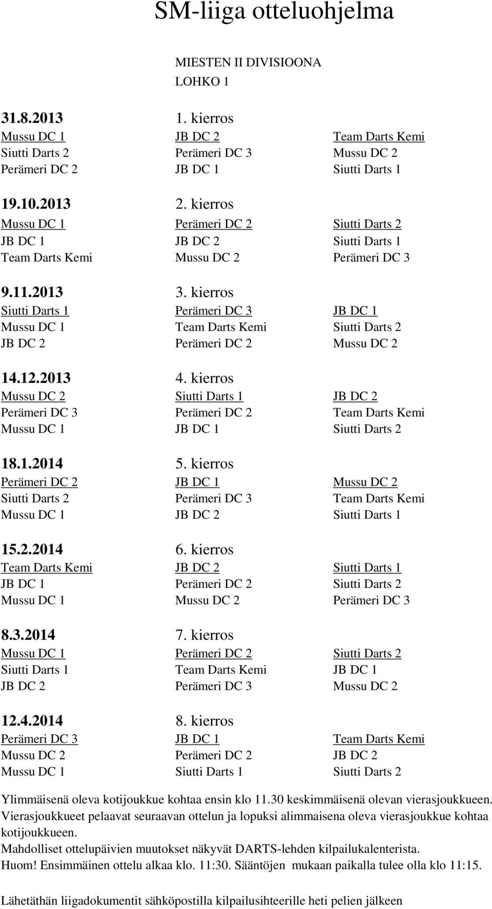 Perämeri DC 2 Team Darts Kemi Mussu DC 1 JB DC 1 Siutti Darts 2 Perämeri DC 2 JB DC 1 Mussu DC 2 Siutti Darts 2 Perämeri DC 3 Team Darts Kemi Mussu DC 1 JB DC 2 Siutti Darts 1 Team Darts Kemi JB DC 2