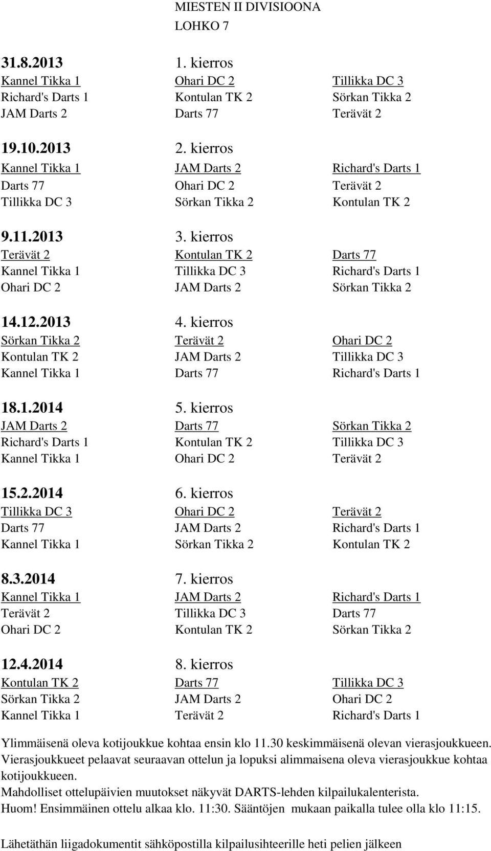 Kontulan TK 2 JAM Darts 2 Tillikka DC 3 Kannel Tikka 1 Darts 77 Richard's Darts 1 JAM Darts 2 Darts 77 Sörkan Tikka 2 Richard's Darts 1 Kontulan TK 2 Tillikka DC 3 Kannel Tikka 1 Ohari DC 2 Terävät 2