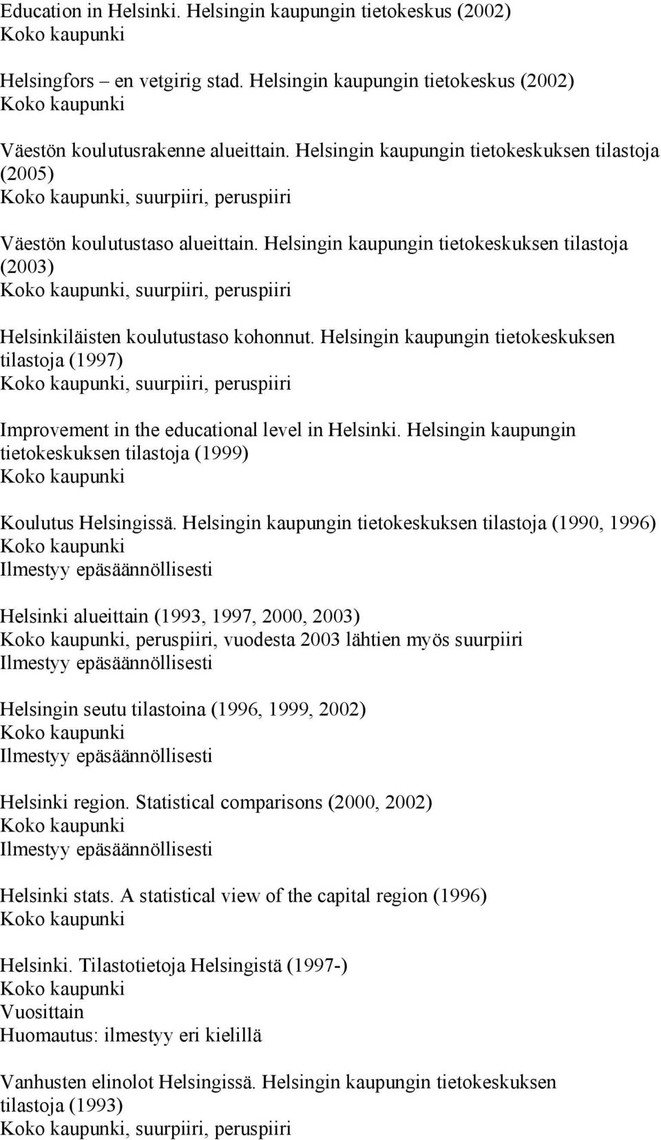 Helsingin kaupungin tietokeskuksen tilastoja (2003), suurpiiri, peruspiiri Helsinkiläisten koulutustaso kohonnut.