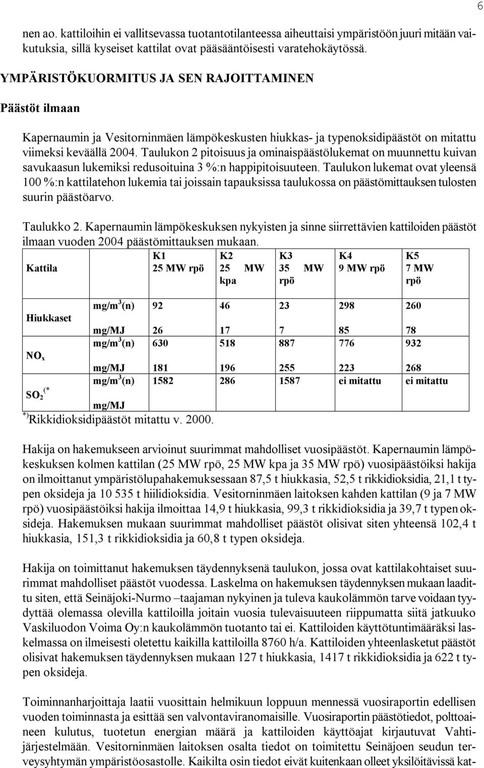 Taulukon 2 pitoisuus ja ominaispäästölukemat on muunnettu kuivan savukaasun lukemiksi redusoituina 3 %:n happipitoisuuteen.