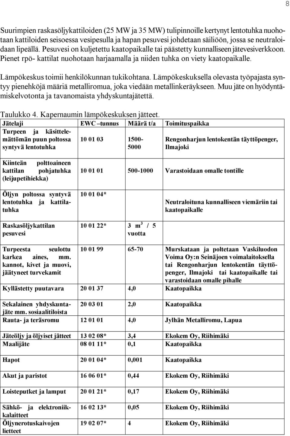 Lämpökeskus toimii henkilökunnan tukikohtana. Lämpökeskuksella olevasta työpajasta syntyy pienehköjä määriä metalliromua, joka viedään metallinkeräykseen.