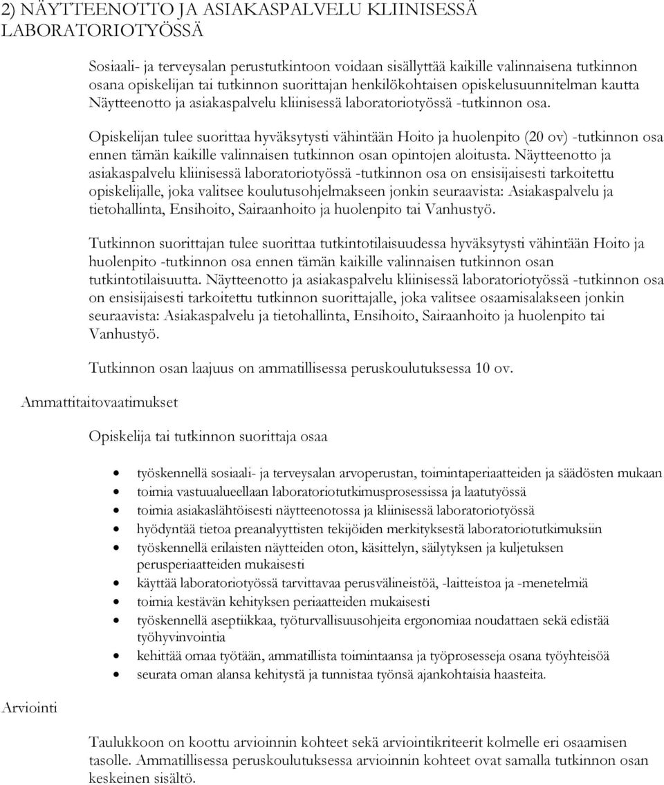 Opiskelijan tulee suorittaa hyväksytysti vähintään Hoito ja huolenpito (20 ov) -tutkinnon osa ennen tämän kaikille valinnaisen tutkinnon osan opintojen aloitusta.