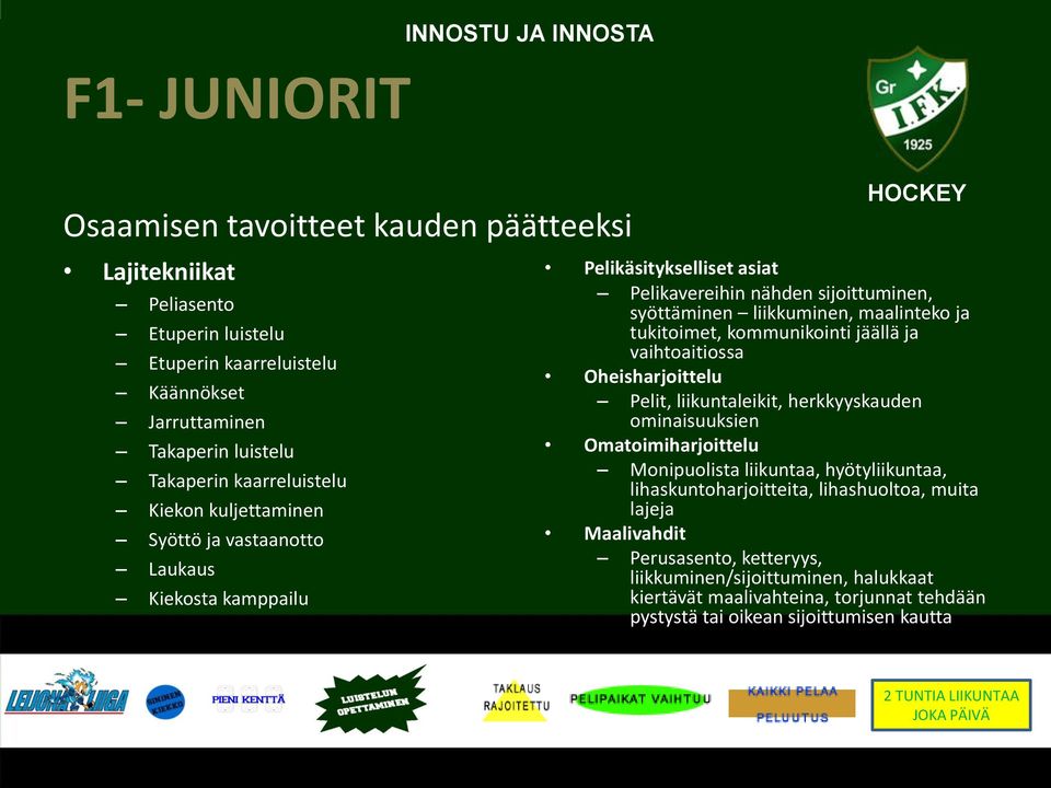 tukitoimet, kommunikointi jäällä ja vaihtoaitiossa Oheisharjoittelu Pelit, liikuntaleikit, herkkyyskauden ominaisuuksien Omatoimiharjoittelu Monipuolista liikuntaa, hyötyliikuntaa,