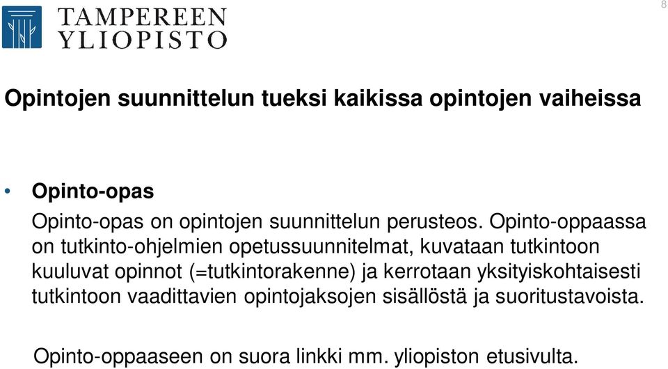 Opinto-oppaassa on tutkinto-ohjelmien opetussuunnitelmat, kuvataan tutkintoon kuuluvat opinnot