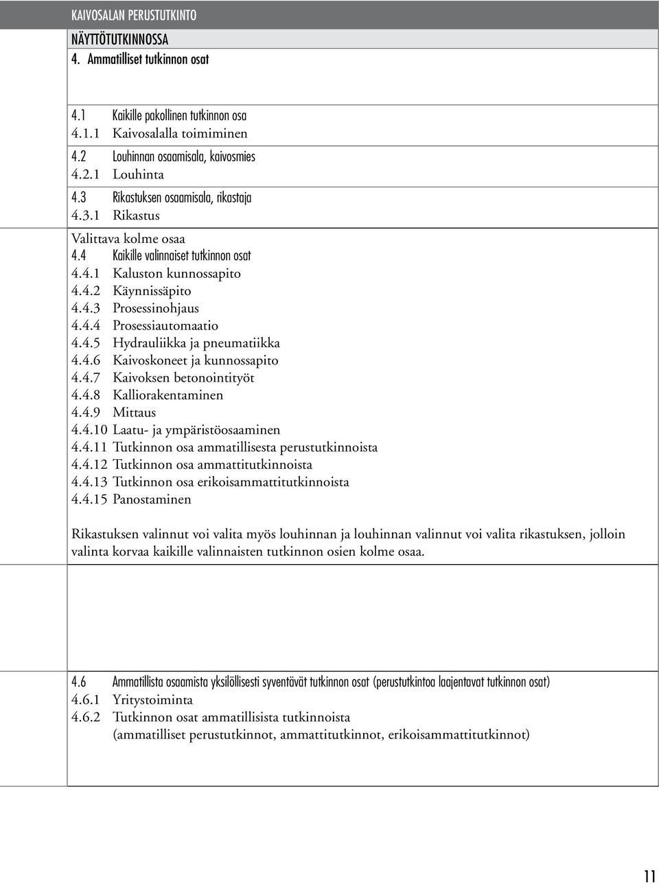 4.5 Hydrauliikka ja pneumatiikka 4.4.6 Kaivoskoneet ja kunnossapito 4.4.7 Kaivoksen betonointityöt 4.4.8 Kalliorakentaminen 4.4.9 Mittaus 4.4.10 Laatu- ja ympäristöosaaminen 4.4.11 Tutkinnon osa ammatillisesta perustutkinnoista 4.