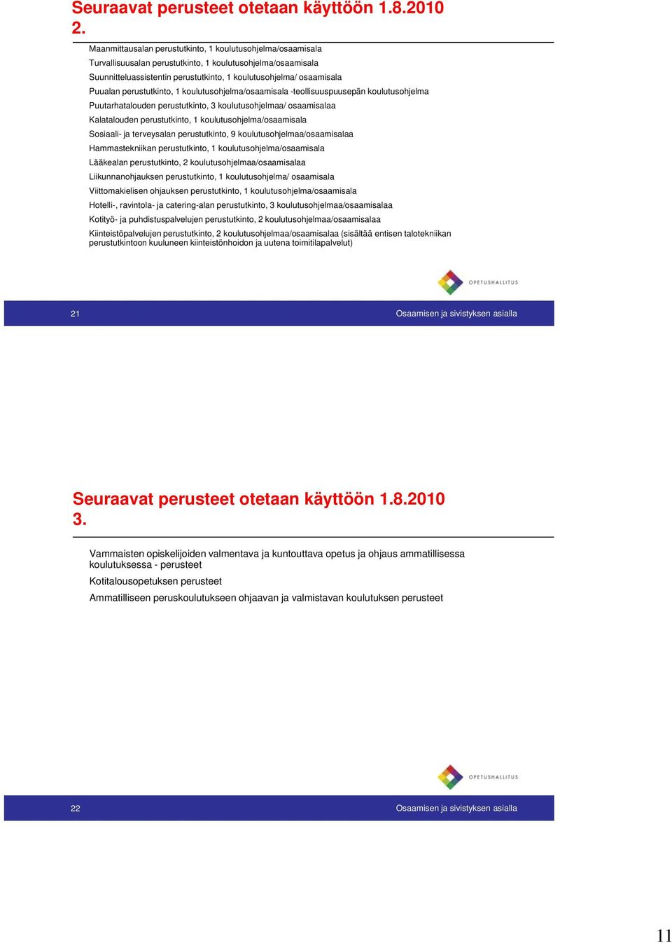 perustutkinto, 1 koulutusohjelma/osaamisala -teollisuuspuusepän koulutusohjelma Puutarhatalouden perustutkinto, 3 koulutusohjelmaa/ osaamisalaa Kalatalouden perustutkinto, 1