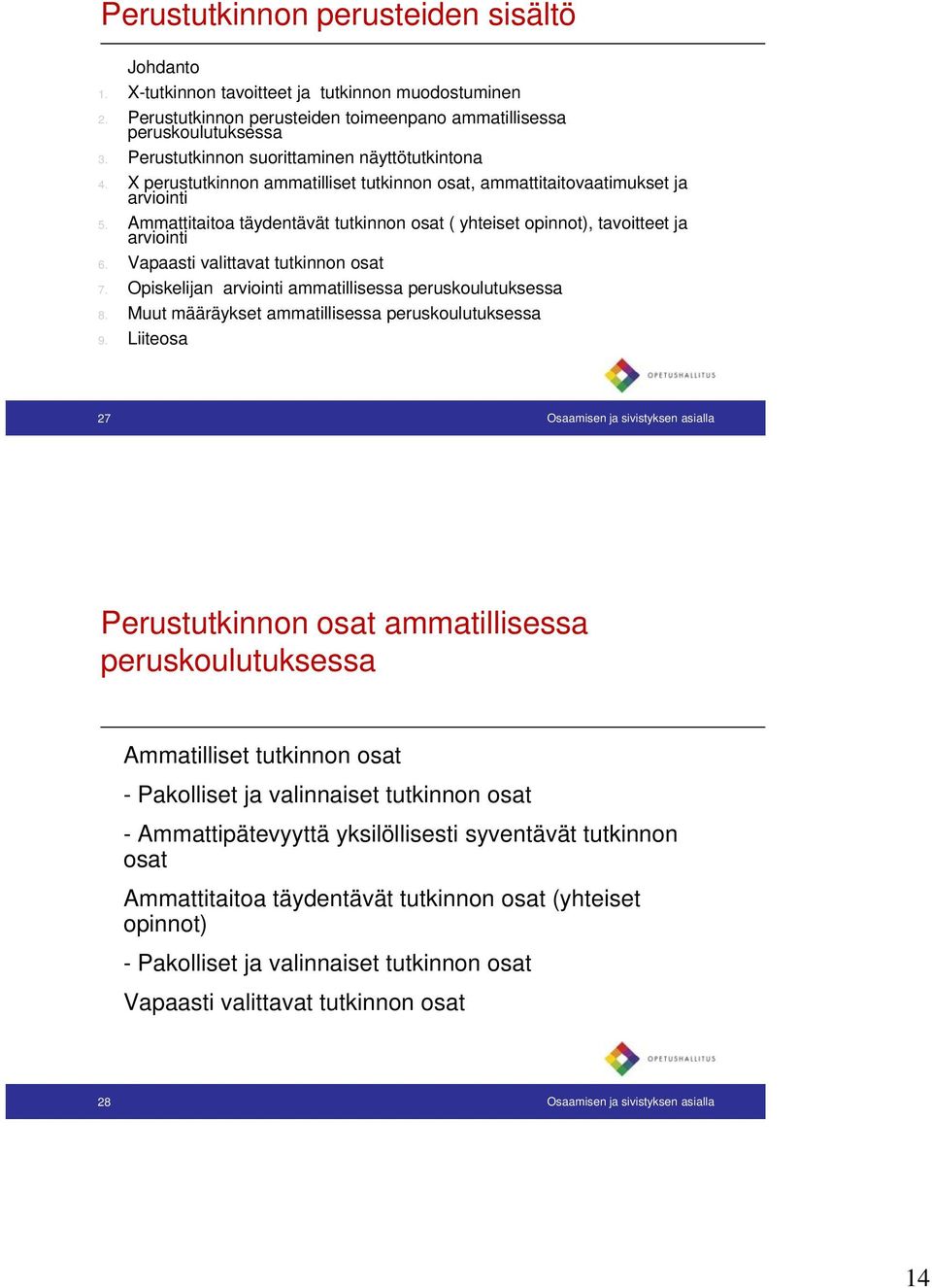 Ammattitaitoa täydentävät tutkinnon osat ( yhteiset opinnot), tavoitteet ja arviointi Vapaasti valittavat tutkinnon osat 7. Opiskelijan arviointi ammatillisessa peruskoulutuksessa 8.