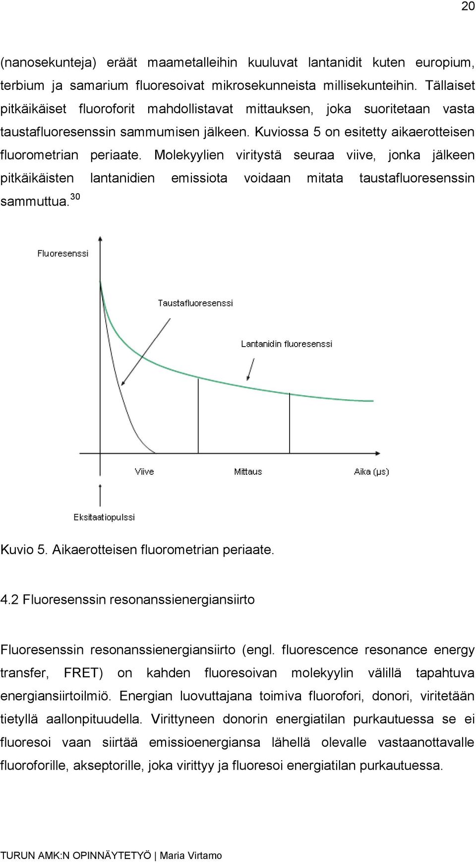 Molekyylien viritystä seuraa viive, jonka jälkeen pitkäikäisten lantanidien emissiota voidaan mitata taustafluoresenssin sammuttua. 30 Kuvio 5. Aikaerotteisen fluorometrian periaate. 4.