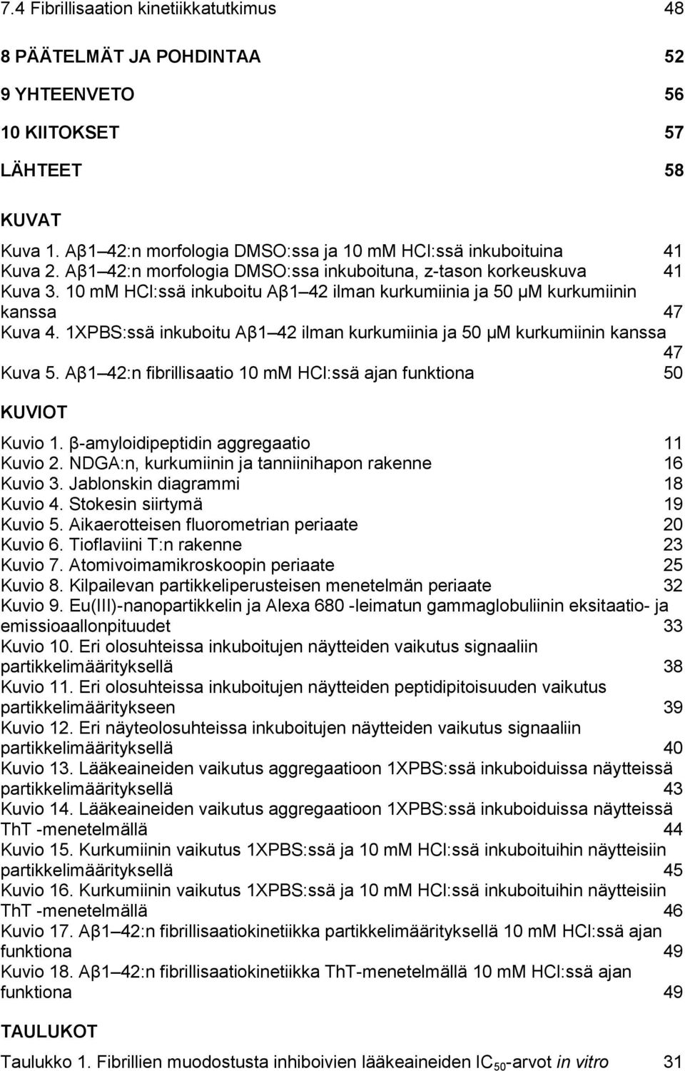 1XPBS:ssä inkuboitu Aβ1 42 ilman kurkumiinia ja 50 µm kurkumiinin kanssa 47 Kuva 5. Aβ1 42:n fibrillisaatio 10 mm HCl:ssä ajan funktiona 50 KUVIOT Kuvio 1. β-amyloidipeptidin aggregaatio 11 Kuvio 2.