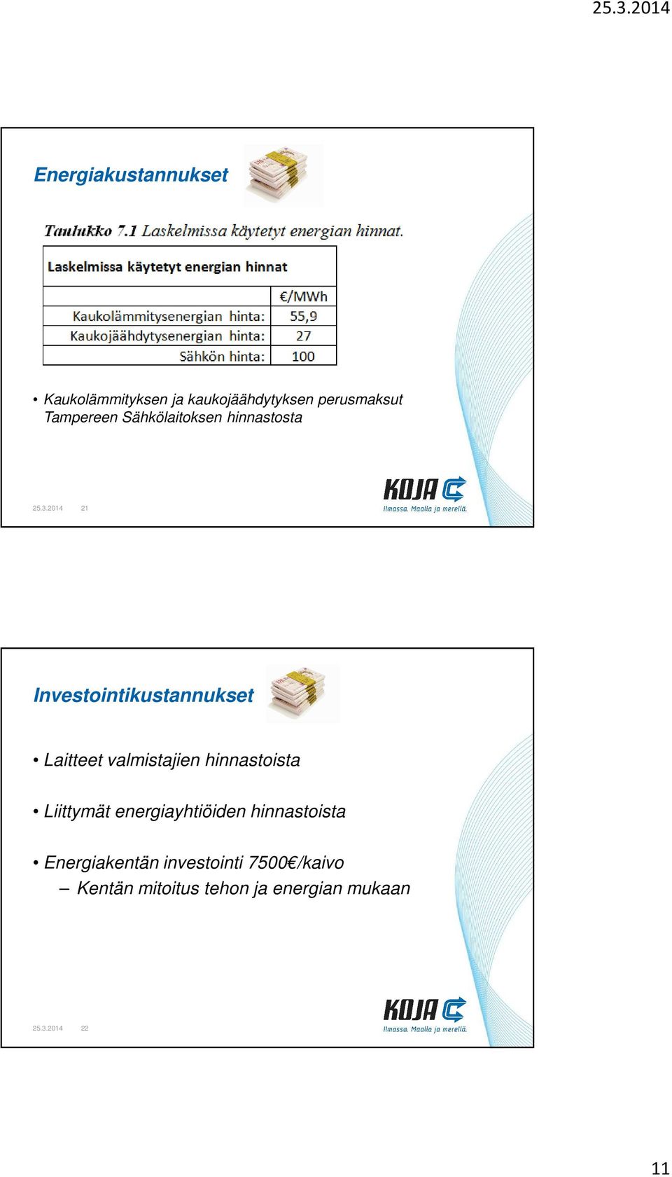 2014 21 Investointikustannukset Laitteet valmistajien hinnastoista Liittymät