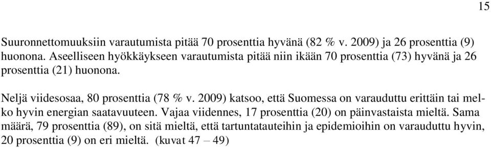 Neljä viidesosaa, 80 prosenttia (78 % v. 2009) katsoo, että Suomessa on varauduttu erittäin tai melko hyvin energian saatavuuteen.